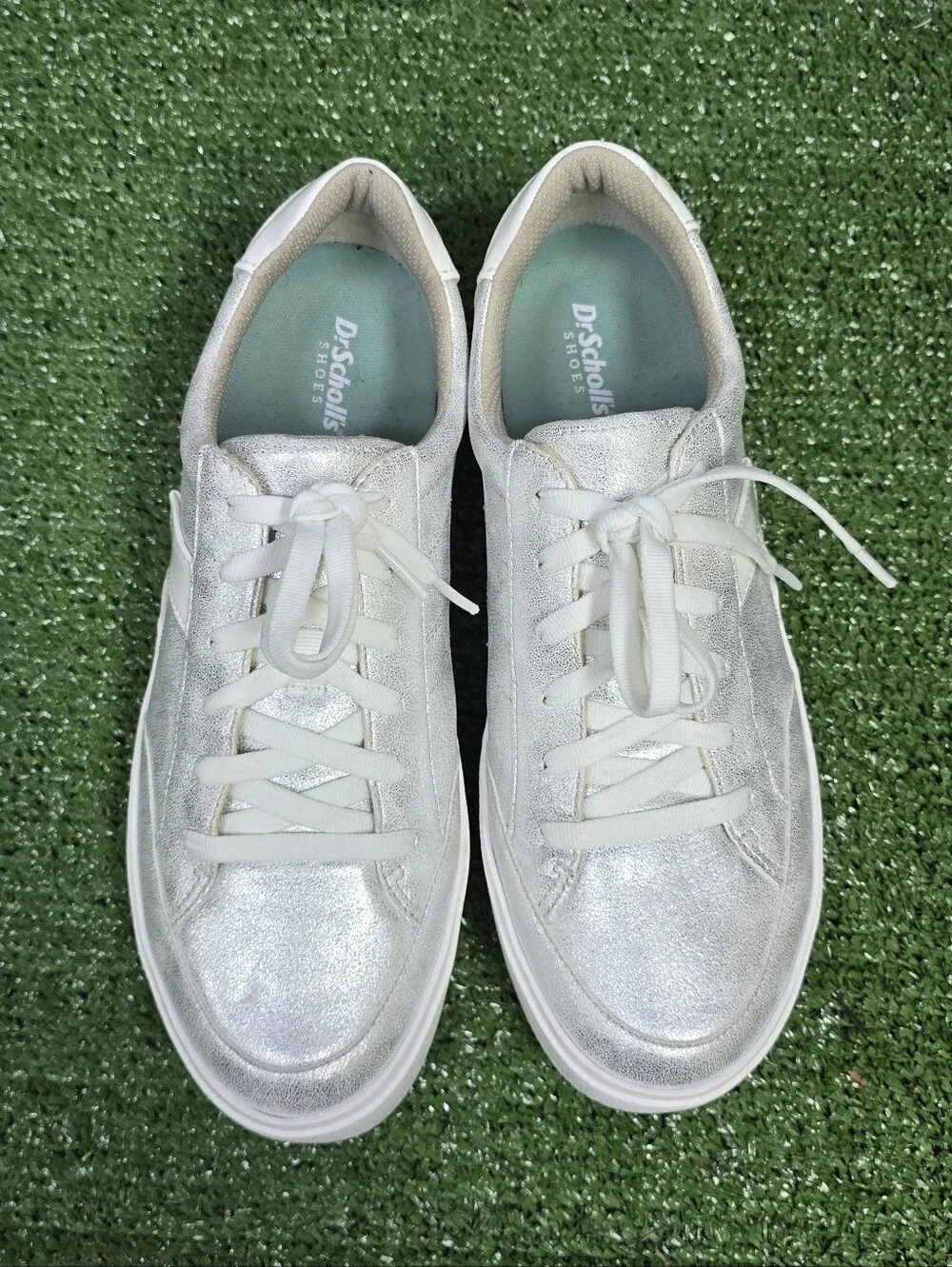 Dr.Scholl's Madison Lace Metallic Classic Sneakers In Silver Womens Size 10M